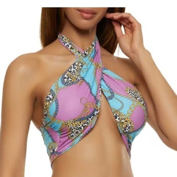 Leopard Chain Print Criss Cross Halter Top - Picture 1 of 7